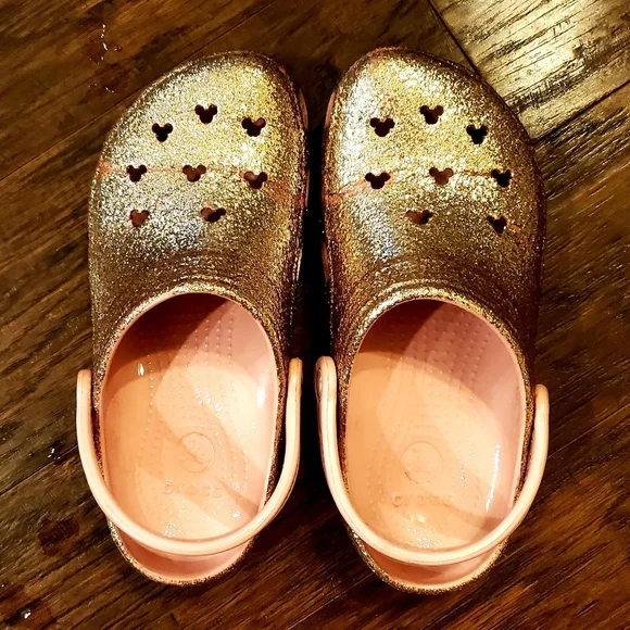Rare Disney rose gold and pink crocs